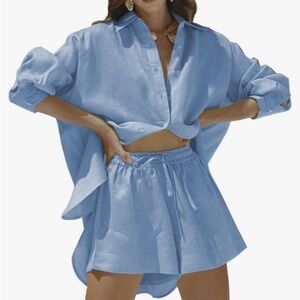 Fixmatti Women 2 Piece Outfits Long Sleeve Button Down Shirt and Shorts Set